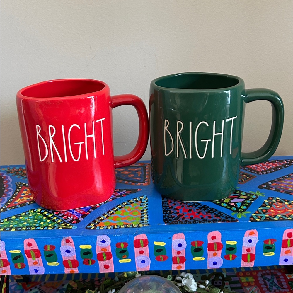 Rae Dunn Mugs-set of 2- Green & Red- New Without Tags - BRIGHT
